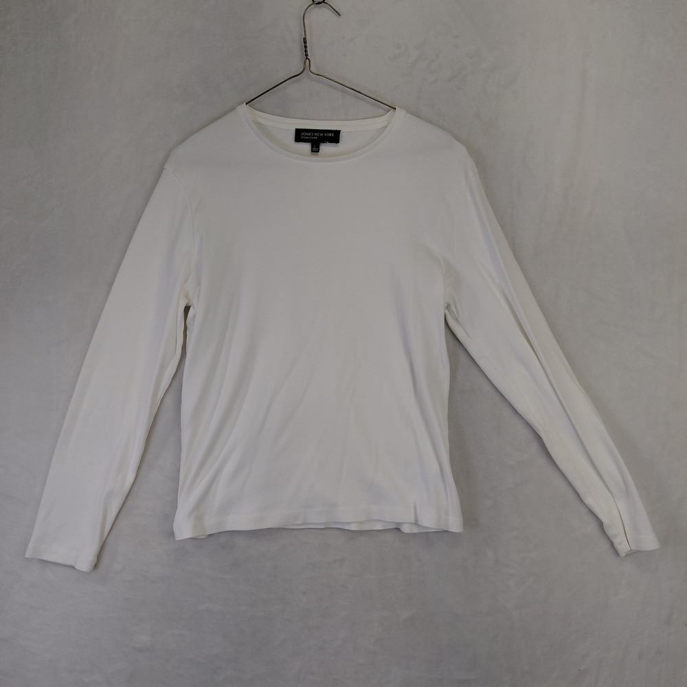 Jones New York Signature Women White Long Sleeve Ribbed Crew Neck Top Large